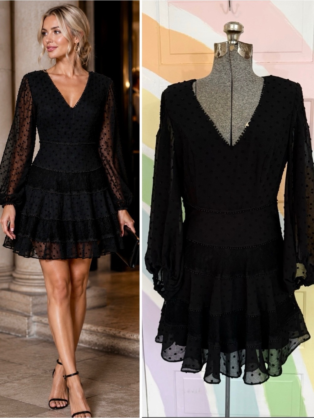 Bardot Mae Lace Tiered Swiss Dot Fit & Flare Mini Dress - Black - Size US 6🧡🍄